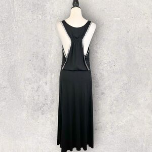 Maloom Black Maxi Dress Jersey Knit Draped Racerback Rhinestone Trim Size 6